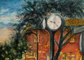 Watercolor painting of clock tower